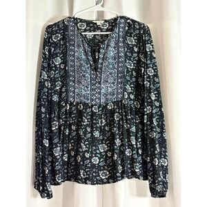 Lucky Brand Floral Long Sleeve Peasant Top Boho Blouse Medium WC0050